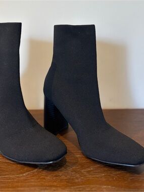 Black Stretch Sock Booties with Block Heel